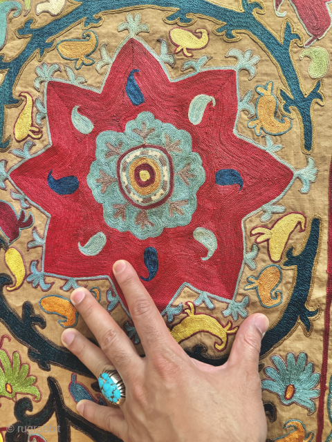 An exceptional antique Uzbek silk chain-stitched suzani from Shahrisabz. It dates between mid 19th century and early 3rd quarter and it is half of what once was a remarkable mihrab ruijoy suzani. ...