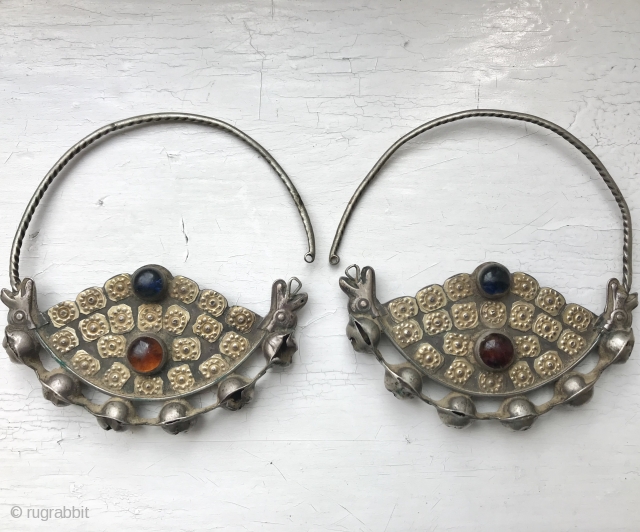 A rare antique pair of Turkmen / Turkoman gold appliqué on silver earrings attributed to the Yomud / Yomut tribes. This pair dates to the late 19th century / early 1900’s and  ...