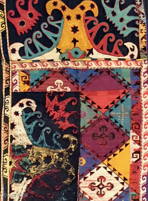 A very interesting example of Antique Uzbek Lakai Silk embroidered Napramach or mafrash panel dating to the 19th Cent. It is the front panel of rectangular shaped bags which would have had  ...