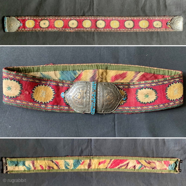An elegant and fine antique Uzbek shahrisabz silk cross-stitched (iroqi stitched) belt with silver buckle and turquoise inlay. It dates to the 3rd quarter of the 19th century and it is an  ...