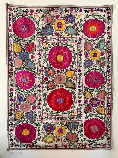 A fabulous and vibrant antique Uzbek silk embroidered suzani from Shahrisabz region dating between 1900- early 1920’s. It has beautiful chain stitch silk embroidery on a cotton ground fabric. The design is  ...