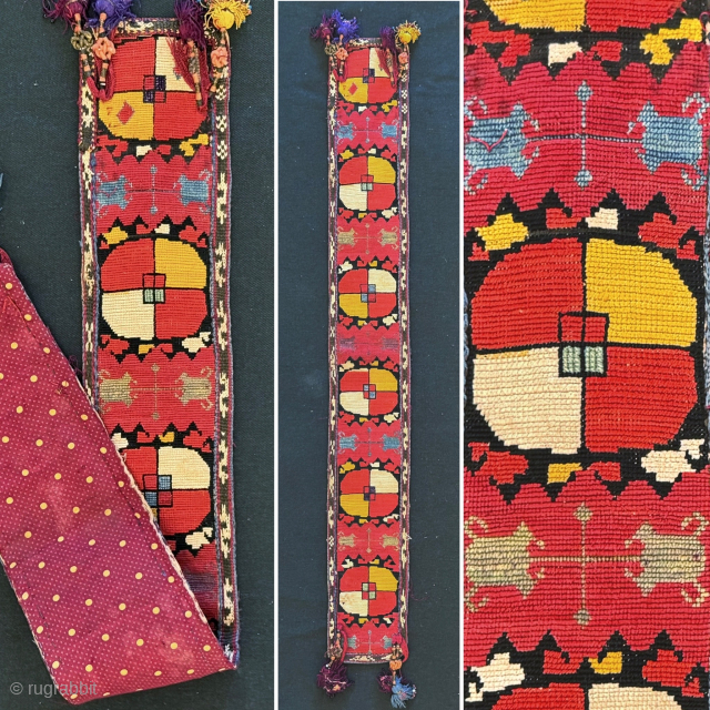An excellent antique silk embroidered Uzbek belt from Shahrisabz ( Shakhrisabz / Shakhrisyabz ) region of Uzbekistan and dates to second half of 19th century. These types of belts were one of  ...