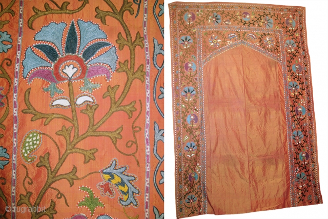 An Exceptional Antique Uzbek Silk on Silk Suzani / Susani from Shahrisabz which some wrongly associate to the Lakai group. On the rich silk ground there is fine chain-stitched silk embroidery .  ...