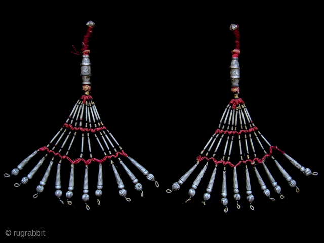 A very Rare pair of antique Central Asian Silver Satchkhalta / bridal hair dorsal (worn over braided pigtail ). This one of a kind pair dates between mid to third quarter of  ...