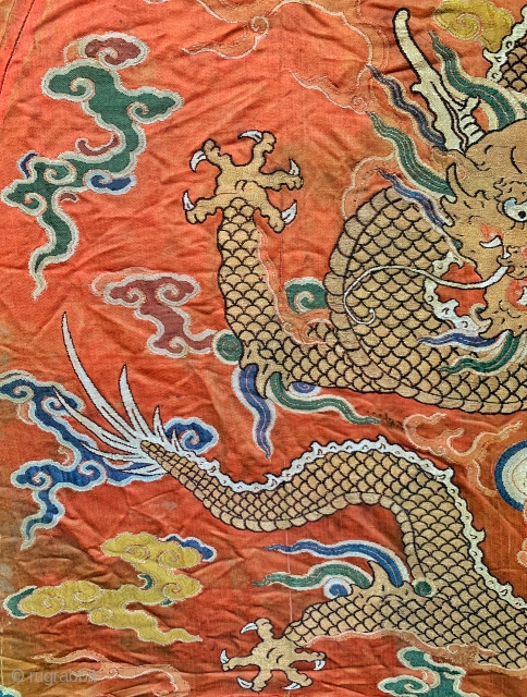 An important museum grade 17th century Imperial Chinese antique silk and gold brocade fragment of a dragon robe from Kangxi period of Qing / Tsing / Ching dynasty. Chinese Imperial dynasties spanned  ...