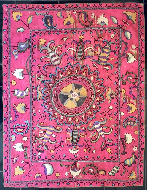 A vibrant Antique Uzbek Silk on Silk Suzani / Susani from Shahrisabz dating to the late 19th century. Often these are mis attributed to the lakai tribe when in fact they are  ...