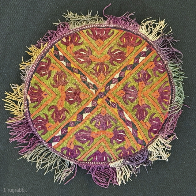 A rare and visually dazzling Antique Turkoman / Turkmen Ersari tribe silk embroidered pillow dating to late 19th century. It is a fully silk embroidered, very likely a dowry piece. The design ...