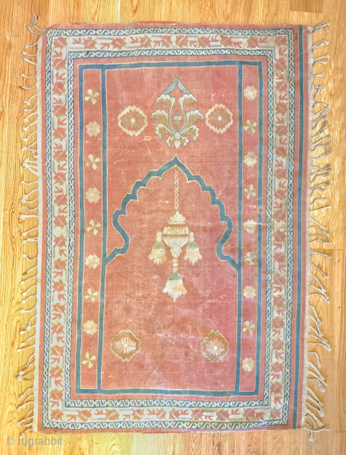 A very rare example of an Antique Indian Jainamaz Dhurry / Dhurrie Rug dating to 1910. This particular example was made in Deccan and i have seen only four or five examples  ...