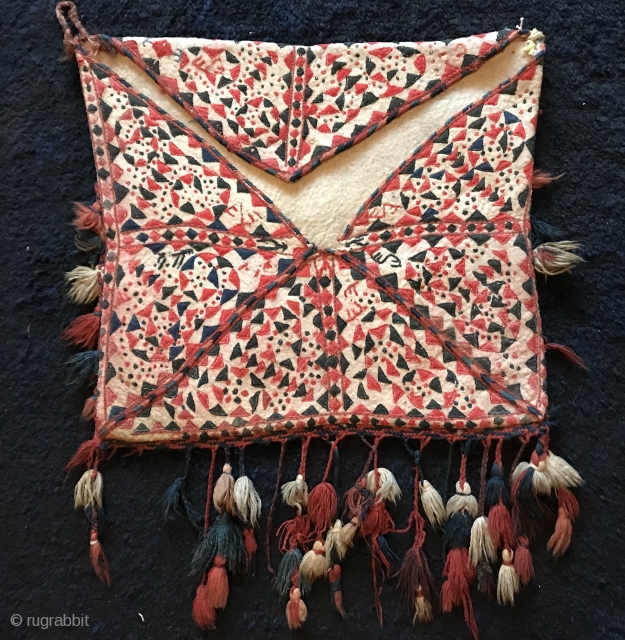 A brilliant antique Turkoman / Turkmen felt / namad with applique Bokcha bag attributed to the Yomud / Yomut tribes. This magnificent textile dates to the 19th century. As rare as these  ...