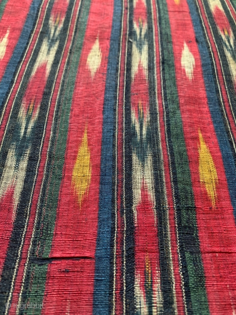 An exceptional antique early to mid 19th century Uzbek silk warp / cotton weft Adras Ikat, likely from Samarkand area. This is one of those rare early Ikats that really needs to  ...