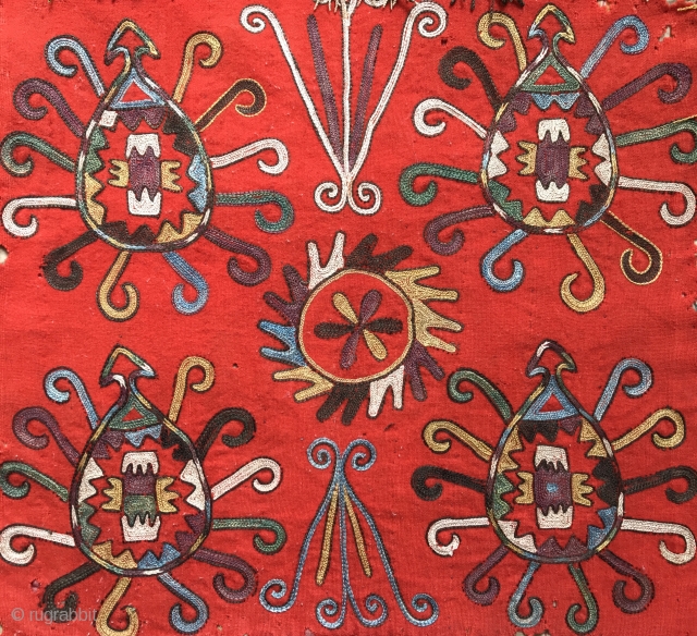 A rare antique Uzbek Lakai Tribe silk embroidered Ilgich / Ayna Khalta hanging dating to the last quarter of 19th century. This beautiful example has a very unique design with four motifs  ...