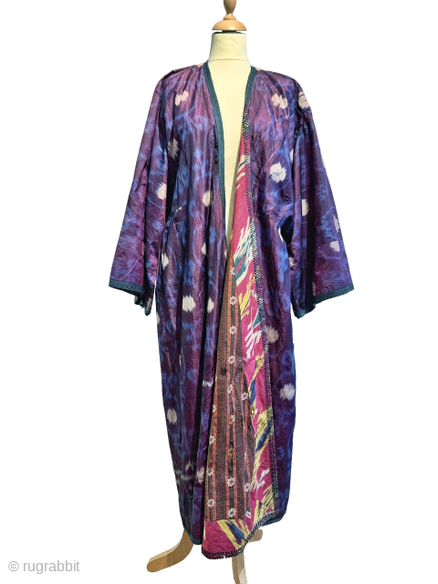 An elegant antique Uzbek silk on silk Atlas / abr Ikat Chapan /  Robe dating to the 3rd quarter of the 19th century. These particular types are often assumed as Uzbek  ...
