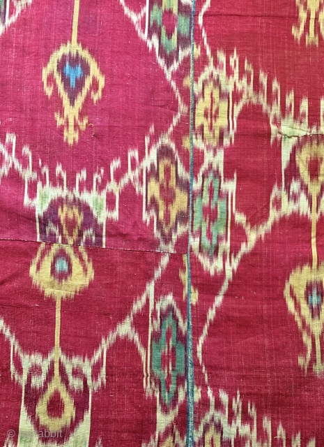 An excellent Antique 19th century Uzbek Adras quilted Ikat shield shaped hanging from Bokhara / Bukhara region. It is an early Ikat woven with silk warp and cotton weft adras. The gorgeous  ...