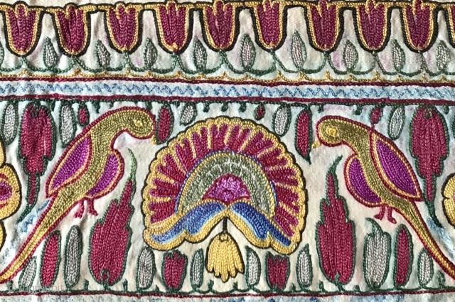 An exceptionally fine Antique Indian silk on silk embroidery dating to the 19th century. It is possibly from Rajasthan and likely a dowry piece. The chain stitched silk embroidery is extremely fine  ...