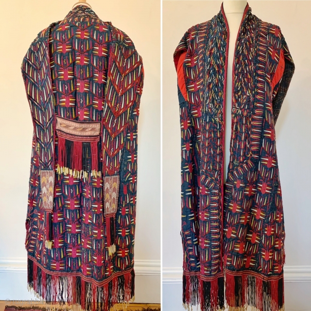 A beautiful antique Tekke Turkoman / Turkmen silk embroidered on silk indigo Chyrpy ( Cherpi / Chirpi / Chyrpi ), dating to third quarter of the 19th Century. The Chyrpy was the  ...