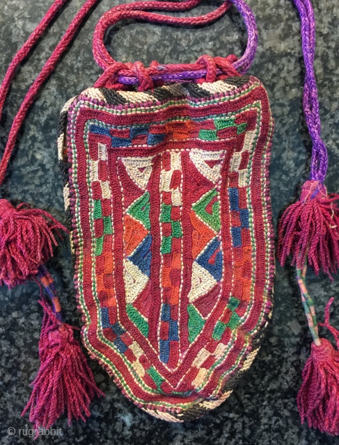 A very rare antique Turkmen / Turkmen silk bag made by the Yomud confederation tribes. This exceptional example dates to the 19th century and a very colourful example. The fine silk chain  ...