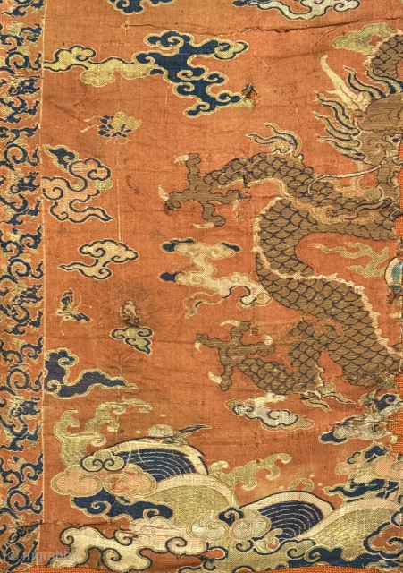  museum grade and very rare antique imperial Chinese dragon silk brocade textile fragment (stitched on cloth and ready for stretching), dating to the late Ming dynasty. The Chinese imperial dynasties went  ...