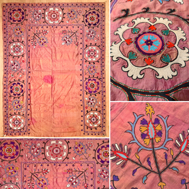 An excellent Antique Uzbek Silk on crimson / orange ground Silk Suzani / Susani from Shahrisabz region dating to late 19th Century. Some wrongly attribute these types to Lakai group. The fine  ...