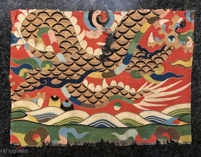 A museum grade and very rare Antique imperial 17th century Chinese Ming dynasty dragon golf and silk Kesi fragment. This is one of the rarest type of textile One can find. The  ...