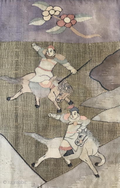 An exceptional antique silk and gold woven Imperial Chinese textile possibly mid Qing / Ching / Tchin dynasty (late 17th - 18th Century). This is an incredibly fine weaving (possibly some sort  ...