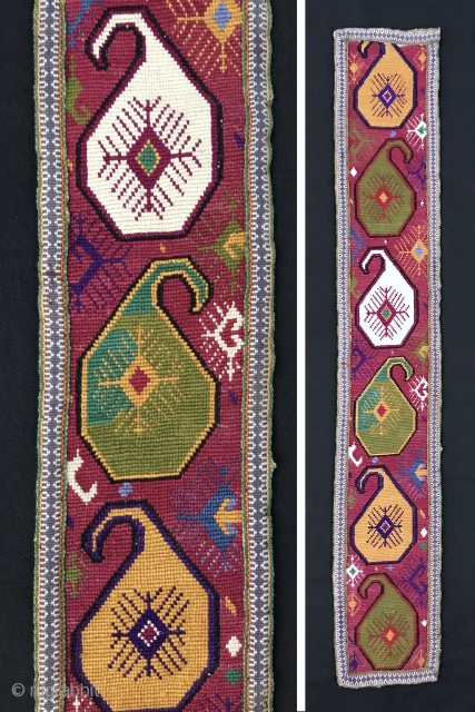 An outstanding antique Uzbek silk cross-stitched belt. It dates between late 19th century - early 1900s and is made in Shahrisabz region of Uzbekistan. The design is exceptional with beautiful repeating boteh  ...