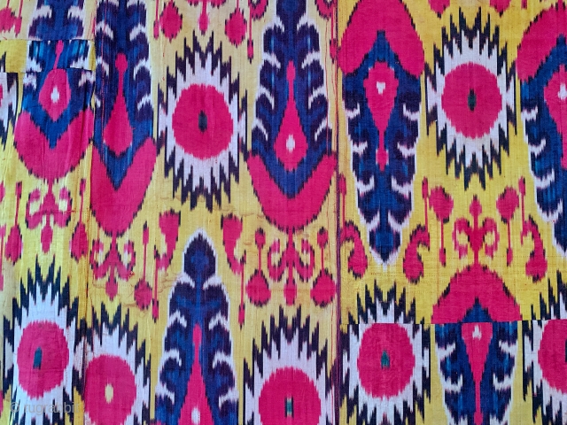 An excellent and rare antique Uzbek silk adras Ikat hanging from Bukhara / Bokhara, dating to the 3rd quarter of the 19th century. This beautiful example is a silk warp and red  ...