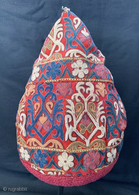 An exceptional antique Turkoman Turkmen Chodor tribe silk embroidered hat dating to the 19th century. Though the hat is somewhat fragmented, I think it was reduced from a larger hat and done  ...