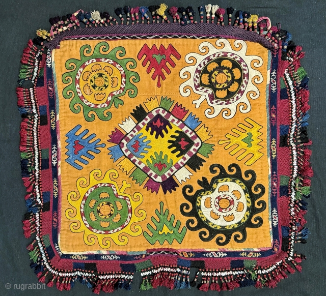 A magnificent antique Uzbek Lakai tribe silk embroidered talismanic ilgich hanging dating to the 19th century. These bridal embroideries were made as dowry offerings and hung on yurts / tents as symbolic  ...