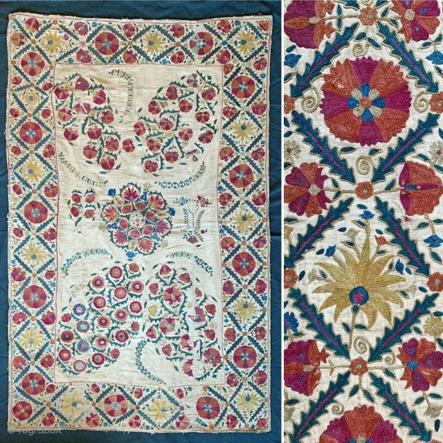 An excellent antique Uzbek silk suzani from Nurata dating between mid and early 3rd quarter of 19th century. Boasting a rich floral field design embroidered using fine polychrome silks chain-stitched on a  ...