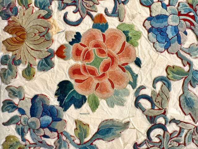A extremely fine and very rare example of antique silk embroidered Imperial Chinese silk embroidery on paper from likely Early Qing / Ching / Tsing dynasty. Likely dates between 18th to early ...