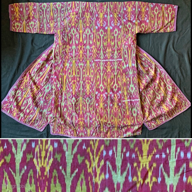 An excellent Antique Central Asian Adras Ikat Chapan / Robe made by the Tajik people of Ferghana Valley / Kokand region. It dates to the early third quarter of 19th century.   ...