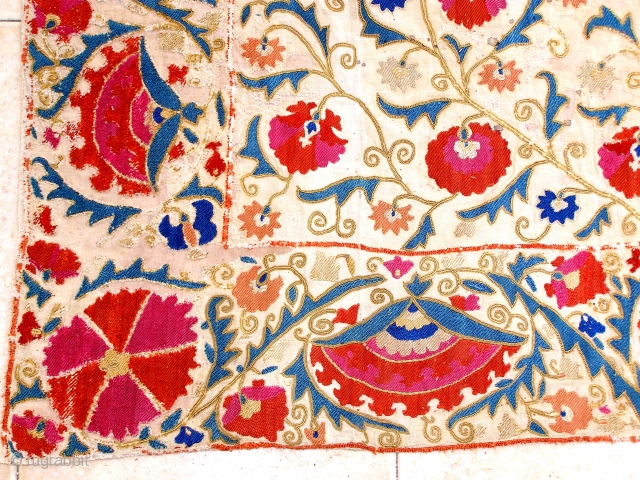 A splendid Uzbek silk nim suzani from the oasis of Bukhara, dating back to the first half of the 19th century on account of its bold, uncluttered design and brilliant natural colour  ...