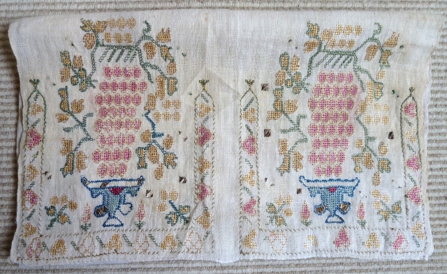 An attractive Ottoman or Greek Island embroidered panel, silk and metal thread on linen. Chalices with bunches of grapes. 40 x 98 cm. Circa 1800.        