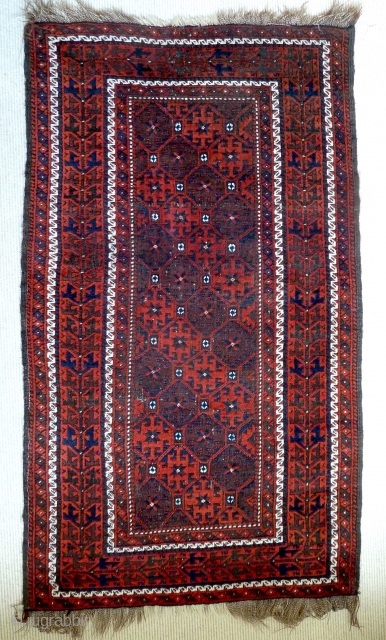 A striking c.1900 Century Khorassan Belouch rug, all natural dyes and with original goat-hair selvedge. 155 x 90cm. The design derives from Timurid models and here is rendered to great effect with  ...