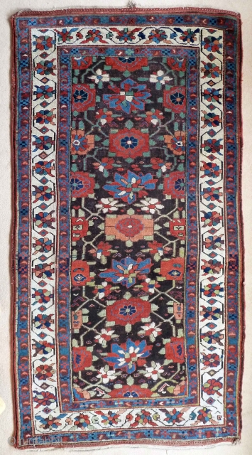 Fabulous 19th Century Sauj Bulagh, 250 x 130cm, 8'2" x 4'3". 10 beautiful colours including aubergine, buff pink and teal and pistachio green. Best Kurdish wool - the charcoal corroded and partially  ...