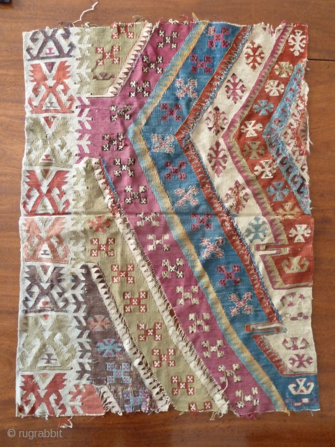 Early Anatolian kilim fragment with beautiful colours.                          