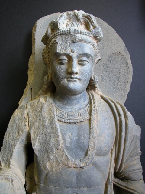 Beautiful Grey Schist Gandhara Bodhisattva. 2nd to 3rd Century, Afghanistan/Pakistan border area. 34"tall(86cm) x 13"wd (33cm).
Please contact us for more photos and information.          