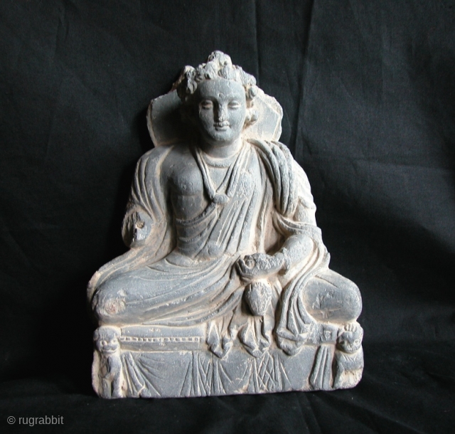 Beautiful Gandhara Grey Schist Stone Buddha, 2nd to 3rd Century, NW Frontier Area, Afghanistan/Pakistan. 9"tall x 8"wd.                