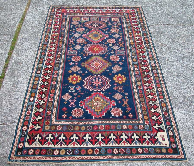 Beautiful Shirvan Rug, 19th century. 4'5" x 7'3". Some minor restoration, but not over restored. Excellent range of natural dyes. Very fine work. SOLD         