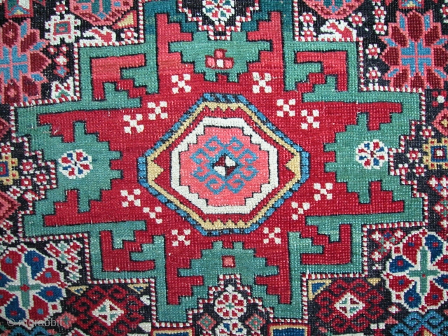 Beautiful Leshgi Rug, 3rd Qt. 19th century. Nice large format, 6'9" x 4' 0". Some small reweaves to corroded browns, otherwise excellent condition with original sides and ends. All natural dyes.  