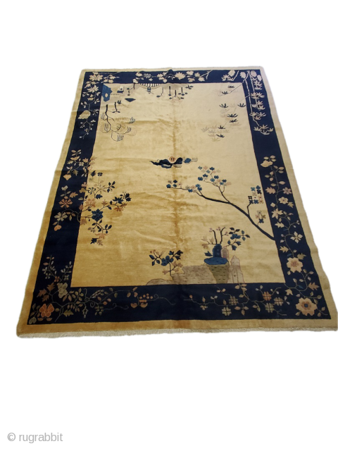 Lovely and unique beige and navy Chinese carpet

Origin - China;
Circa - 1920;
Size - 8'8" x 11'5"                 