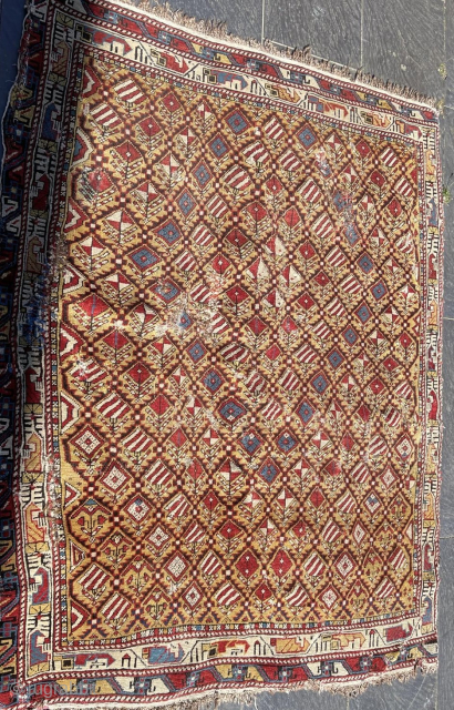 1850 Marasali rug fragment with fine weave, rich natural dyes, and detailed tribal design. A striking example of rare Caucasian craftsmanship. Please email me at: jakezacharybrown@outlook.com       
