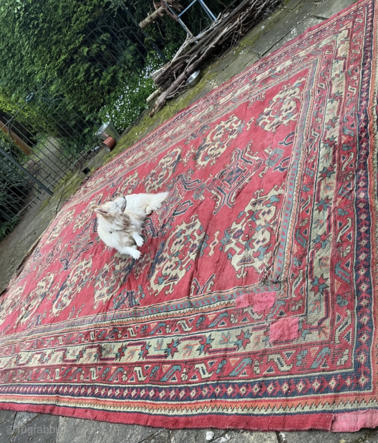 Large antique Oushak carpet, please see images for condition 12’x15’. ideal for trade £475. Needs cleaning and 2 corners have been cut, please email me at jakezacharybrown@outlook.com for more pics and ...