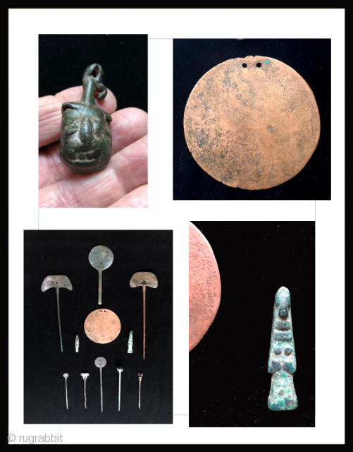 Collection of pre-conquest Andean bronze objects.  All date before c.1500.  Objects include a large circular disc shaped bronze pendant or shaman's mirror.  Various shaped pins for fastening textile garments.  ...