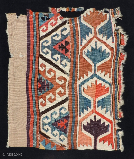 Early Anatolian kilim fragment with good,  large scale motifs and camel hair band.  Mounted size: 31 x 36 inches.  Reasonable.          