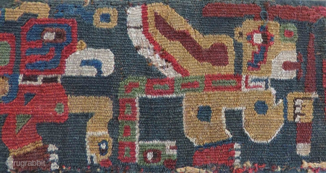 Tiwanaku Interlocked Tapestry Belt Fragment. A.D. 200 - A.D. 400.  26 x 3.5 inches. Early Tiwanaku textiles are the rarest of all pre-Columbian textile groups.  They are often highly figurative  ...