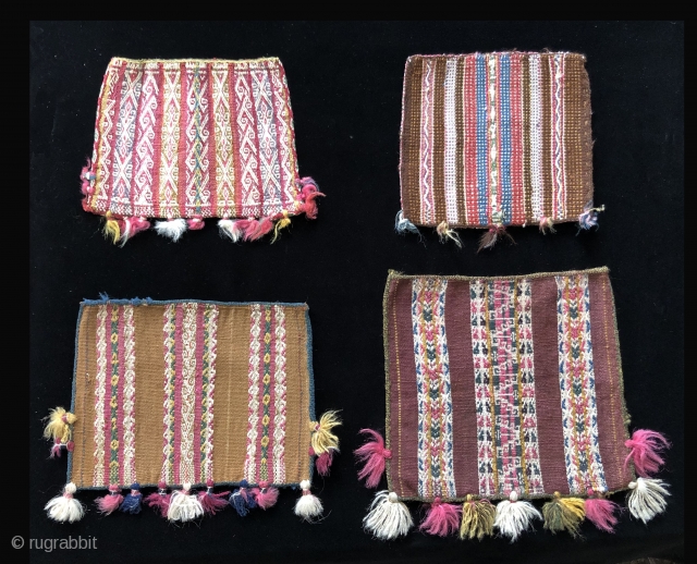 Four 19th century Aymara coca bags.  These bags all have natural dyes and are in excellent condition.  Coca bags were very important within Andean highland cultures going back many centuries.  ...