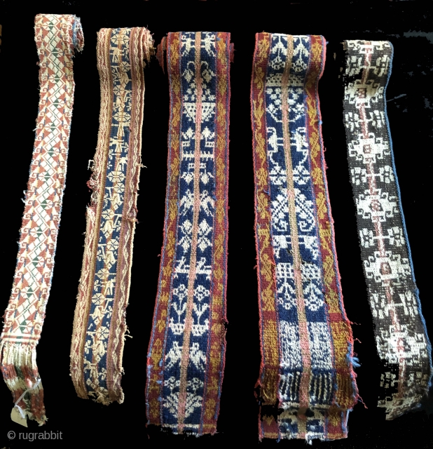 Five 19th century warp-faced woven belts from the high Andes.  Woven by Aymara Indians in the Altiplano region of Bolivia using fine alpaca fiber yarns in a complimentary warp-faced weave.   ...