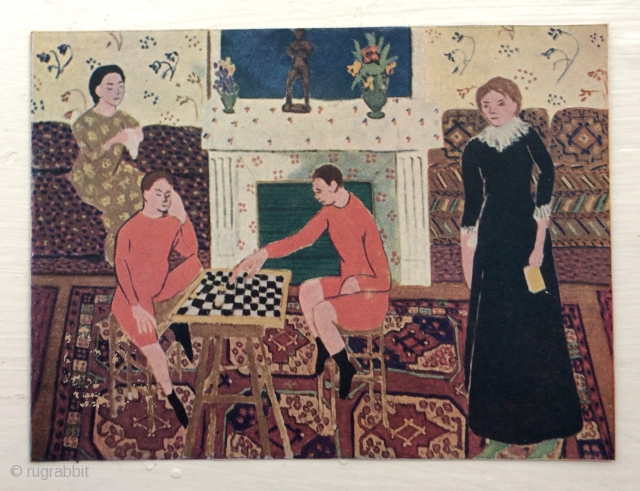 Detail of one of my favorite Matisse paintings showing a 19th century "Afghan" Rug on the floor.  Likely painted in the early 20th century.  Titled: "Portrait de Famille". Note the  ...