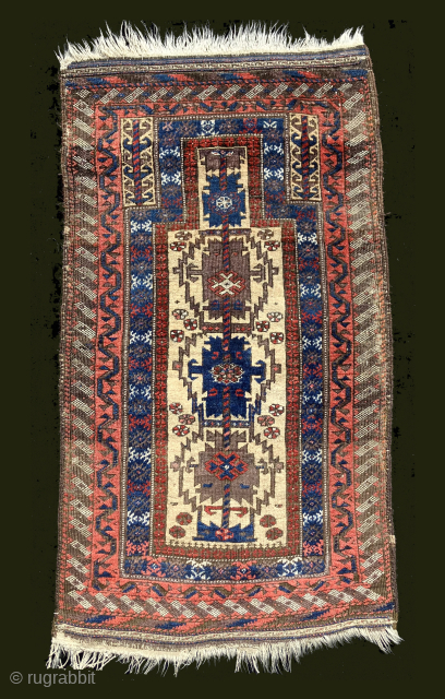Small little Baluch prayer rug.  42 x 22 inches. Finely woven and light as a feather.  19th century. This is a real prayer rug.  Ex D. Sorgato.   